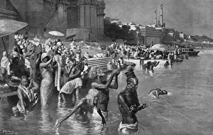 Fortunino Matania Prints: Bathing in the Ganges: A 1912 Print of India's Sacred Waters
