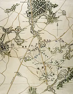 Prints of A battle plan for Waterloo. Red= English and Belgians Green= Prussians Blue= French Date: 1815 Battle Of Waterloo Prints: Waterloo Battle Plan Print 1815