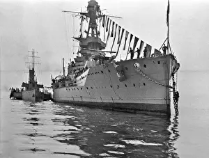 Vintage Naval Transport Prints: Battleship decked out with flags