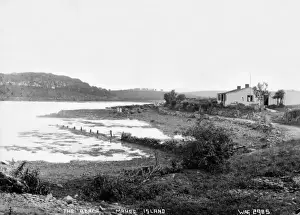Prints of The Beach, Mahee Island - a view over the Lough with a building to the right. (Location: Northern Ireland; County Down; Mahee Island). Date: circa early 1900s Down Prints: Mahee Island Print: Early 20th-Century View of the Lough