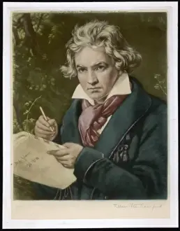 Prints of LUDWIG VAN BEETHOVEN German composer Portrait of him holding a score Germany Prints: Beethoven Portrait Print