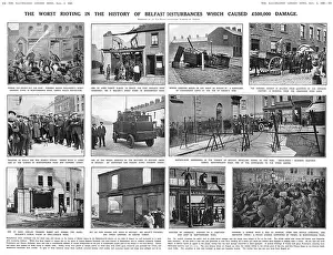 Prints of A double page spread from the Illustrated London News, reporting on rioting in Belfast that began on the night of the 23rd August, and continued for a week Related Prints: Belfast Riots August 1920 Print