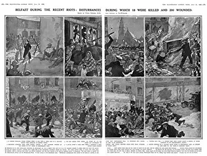 Prints of A double page spread from the Illustrated London News, reporting on rioting in Belfast from 20th to 23rd July 1920. 18 people were killed, and 200 wounded during the disturbances Related Prints: Belfast Riots July 1920 Print