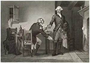 Prints of Benedict Arnold persuades Major Andre to conceal papers in his boot, causing him to be hanged as a spy when captured by the patriots Benedict Arnold Prints: Print of Benedict Arnold and Major Andre, 1779