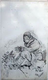 Royal Warwickshire Regiment History Prints: Bert warming himself by a brazier