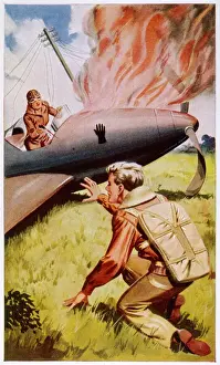 Biggles Print: Female Pilot Points Gun