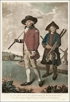 Prints of To the Society of Goffers (golfers). At Blackheath Mr William Innes, merchant, plays golf on the heath. A caddy holds his clubs Golf Prints: Blackheath Goffer Print, 18th century engraving