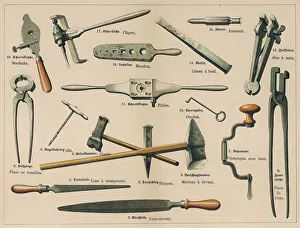 Prints of A range of tools used by a blacksmith or ironsmith, including pincers, a hook, files, a hammer and a mallet. 1875 Industrial Prints: Blacksmith Tools Print 1875