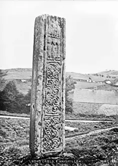 Prints of Boho Cross, Enniskillen - a high cross shaft. (Location: Northern Ireland: County Fermanagh: Enniskillen). Date: circa early 1900s Fermanagh Prints: Enniskillen Boho Cross Print - Early 20th Century Image