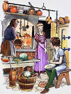 Vegetable Still Life Images Prints: Boy peeling potatoes