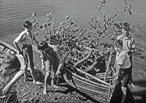 Boys with Boat Full of Tree Branches Print circa 1937
