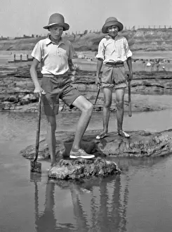 Two Boys Exploring Rock Pools Print, circa 1920s