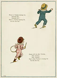 1879 Print of Two Boys Running with Hoop and Stick