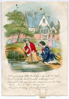 Boys sailing a model boat on a greetings card Boys sailing a model boat on a greetings card