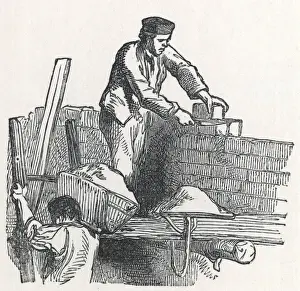 Print of Two Builders Bricklaying, Late 19th Century