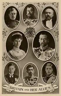 Prints of Postcard depicting HM King of Belgium, The Czar of Russia, President Poincare of France, HM Queen Mary, HM King George V, HRH Prince Albert, The Emporer of Japan, HRH Prince of Wales Generals And Leader Prints: Britain & Her Allies Print: World Leaders 1914