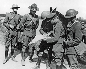 British and American soldiers with map, France, WW1 British and American soldiers with map, France, WW1