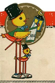 Art deco Collection: British Kitsch Art Deco Christmas Card, Carol Singing Chicks