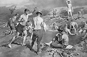 British soldiers bathing in flooded shell hole by Matania British soldiers bathing in flooded shell hole by Matania
