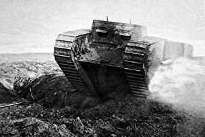 British Tank on the move; First World War, 1916 British Tank on the move; First World War, 1916