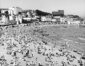 Prints of An incredibly crowded beach at Broadstairs in Kent, showing how popular British holiday resorts used to be in the days before package holidays. Date: 1950s Kent Prints: Broadstairs Beach Scene Print, 1950s