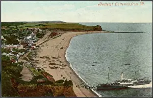 Prints of Trippers at this Devon resort embark on a tourist steamer able to come close to the beach thanks to the steeply shelving shoreline. A gulls eye view from the west Devon Prints: Budleigh Salterton Trippers Print