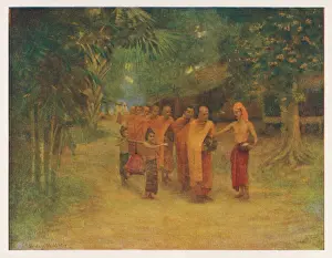Prints of A group of monks pass through a Burmese village, begging for food, which two small children carry for them Related Prints: Burmese Monks Begging Print