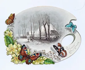 Butterflies and flowers on a palette-shaped Christmas card Butterflies and flowers on a palette-shaped Christmas card