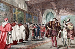 Cardinal Wolsey and the Duke of Buckingham. Engraving. Color Cardinal Wolsey and the Duke of Buckingham. Engraving. Color
