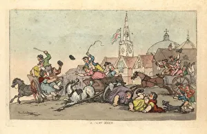 A cart race in an English town with an accident in A cart race in an English town with an accident in