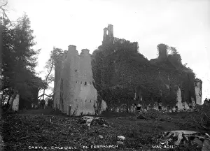 Prints of Castle Caldwell, Co. Fermanagh - a close in view of the derelict and ivy covered Castle. (Location: Northern Ireland; County Fermanagh; Castle Caldwell). Date: circa early 1900s Castle Prints: Early 20th Century Print of Castle Caldwell, Co. Fermanagh