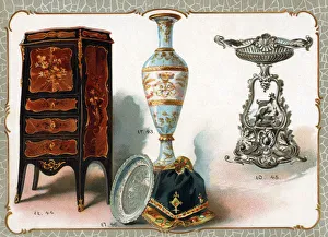 Catalogue illustration, vase, writing desk, ornament, plate Catalogue illustration, vase, writing desk, ornament, plate