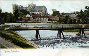 Prints of Cathedral, Ripon, near Harrogate, Yorkshire, England. Showing Original Wooden Footbridge Date: 1905 Ripon Prints: Cathedral, Ripon Print - Original Wooden Footbridge 1905