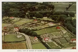 Prints of Aerial view of Cedars Estate, Rickmansworth, Hertfordshire, England - showing homes tastefully laid out with large gardens Aerial View Prints: Aerial View Print of Cedars Estate, Rickmansworth