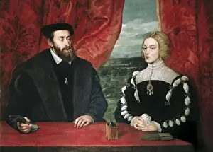 Prints of RUBENS, Peter Paul (1577-1640). The Emperor Charles V and the Empress Isabella. 1628. Copy of the original portrait by Titian destroyed in the fire at the Alcạ r of Madrid in 1734 Titian Prints: Renaissance Print of Charles V and Isabella by Rubens, 1628