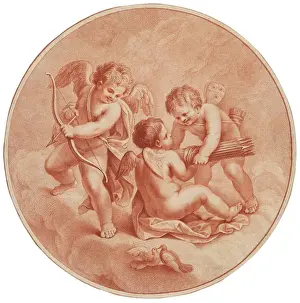 Prints of A trio of cherubs cupids prepare to go hunting with their bows and arrows Arrows of Affection: A Timeless Journey Through Cupid's Realm: 18th-Century Print of Cherubs with Bows and Arrows