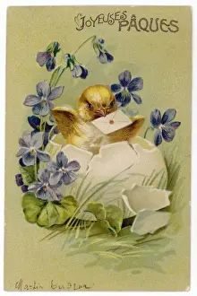 Happy Easter Greeting Card Prints: Chick hatching from an egg with a letter in its beak