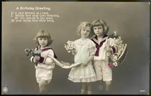 Three Children Bring Flowers Print