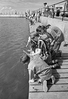 Children crabbing from a wooden pontoon at New Brighton Children crabbing from a wooden pontoon at New Brighton