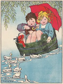 Print of children at play in a tub on a pond
