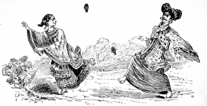 Chinese Girls playing with shuttlecocks, 19th cen Chinese Girls playing with shuttlecocks, 19th cen