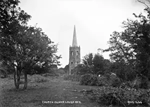 Prints of Church Island, Lough Beg - a view of a derelict church tower. (Location: Northern Ireland: County Londonderry: Lough Beg). Date: circa early 1900s Related Prints: Church Island, Lough Beg Print - Derelict Church Tower