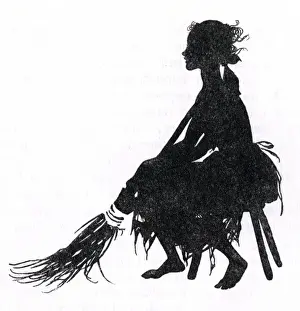 Prints of Ella, aka Cinderella, sitting in rags with a broom in her hand. Date: 1919 Arthur Rackham Prints: Arthur Rackham's 1919 Print of Cinderella in Rags
