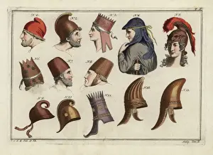Handcolored Engravings Prints: Classical hats and bonnets