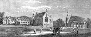 Prints of Engraving showing a game of cricket in the grounds of Clifton College, near Bristol, with the Guthrie Memorial Chapel on right, 1867 Bristol Prints: Clifton College Cricket Print, 1867