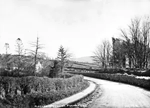 Prints of Clogher Valley at Fivemiletown - a view of a bend on a road. (Location: Northern Ireland: County Tyrone: Fivemiletown). Date: circa early 1900s Tyrone Prints: Early 20th Century Print of Fivemiletown Road Scene