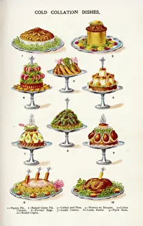 Prints of COLD COLLATION DISHES pigeon pie - game pie - cutlets and other meat dishes Columbiformes Prints: Cold Collation Dishes Print - Game Pie and Meat Dishes