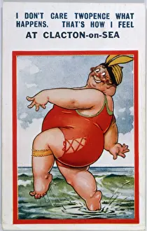 Clacton-on-Sea Print: Fat Lady Paddling in the Sea