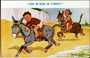 Comic postcard, Boy and girl riding donkeys on beach Date: 20th century Comic postcard, Boy and girl riding donkeys on beach Date: 20th century
