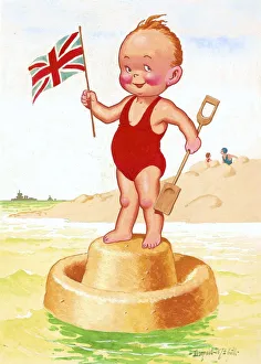 Comic postcard, Boy on sandcastle with flag Comic postcard, Boy on sandcastle with flag